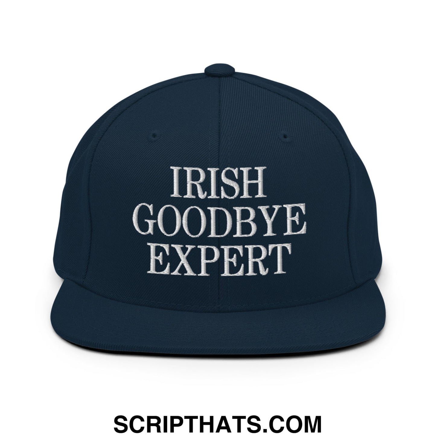 Navy blue snapback hat with white embroidered irish goodbye expert text and flat bill brim design