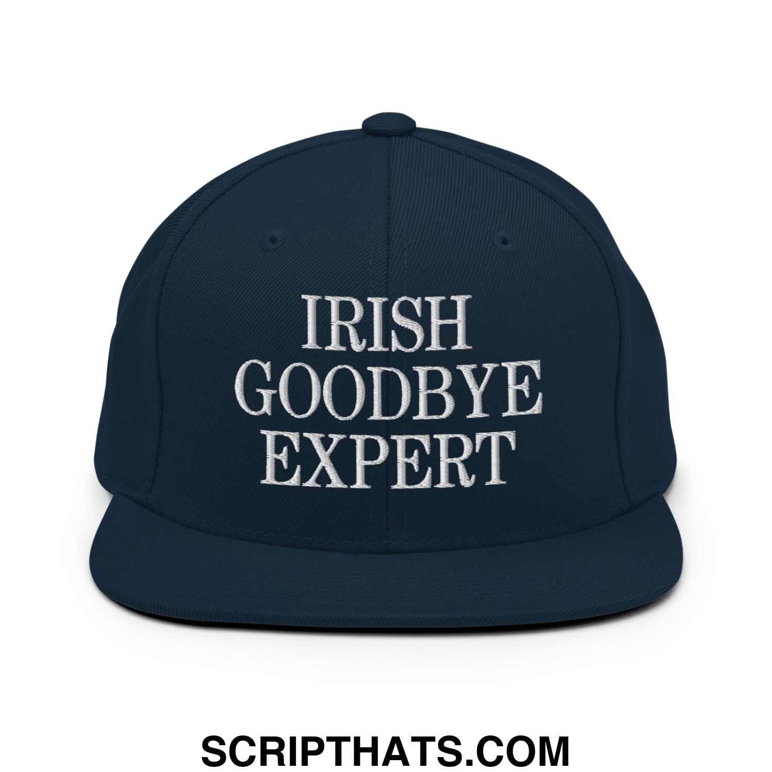 Navy blue snapback hat with white embroidered irish goodbye expert text and flat bill brim design