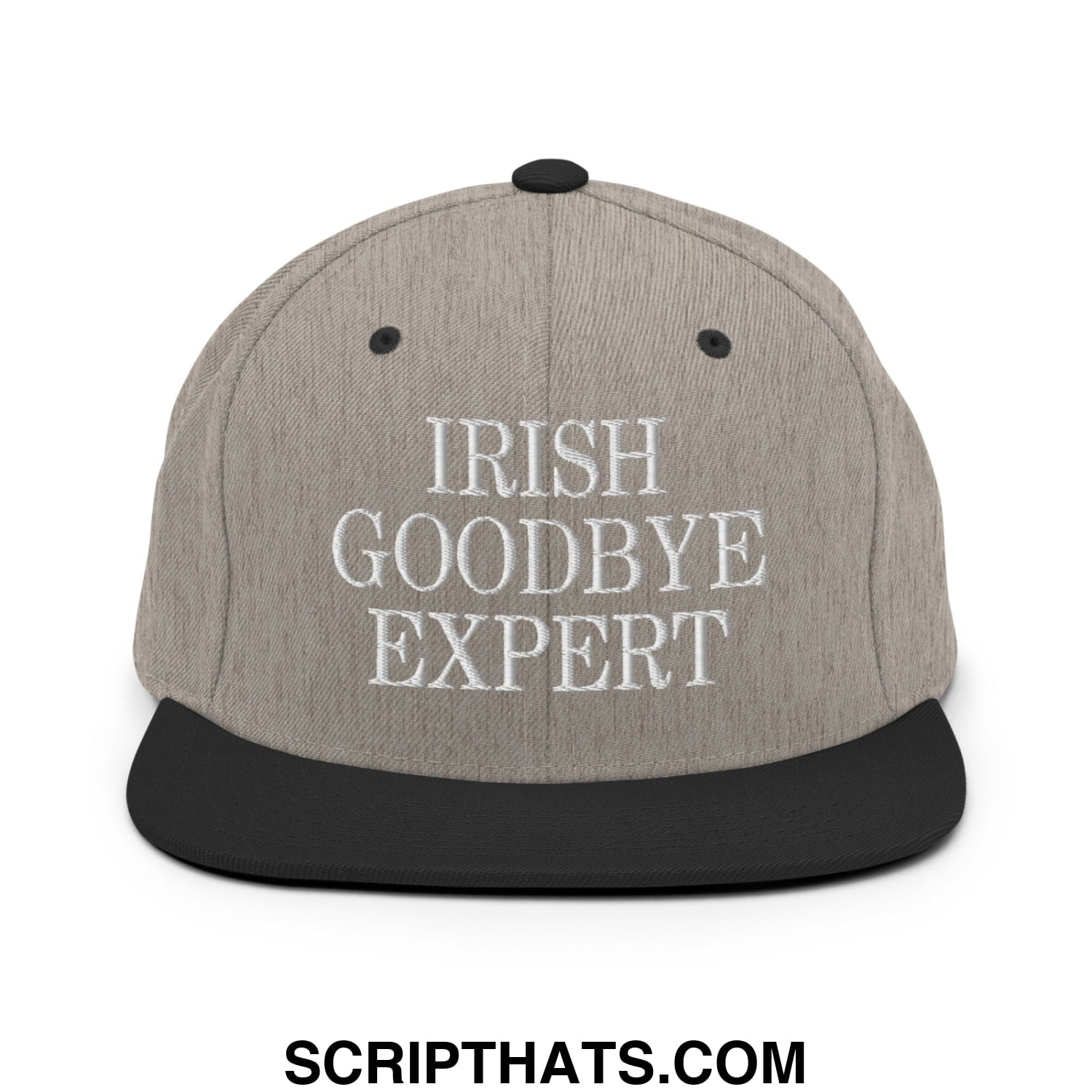 Gray and black snapback hat with irish goodbye expert embroidered in white on the front panel
