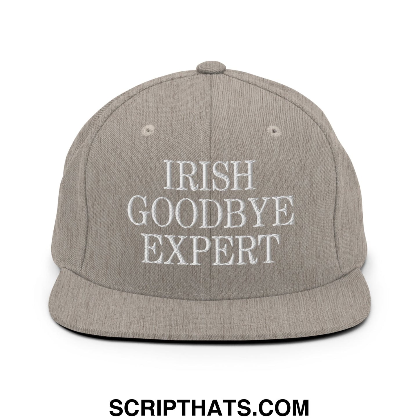 Gray snapback cap with white embroidered text irish goodbye expert featuring flat bill brim and adjustable closure