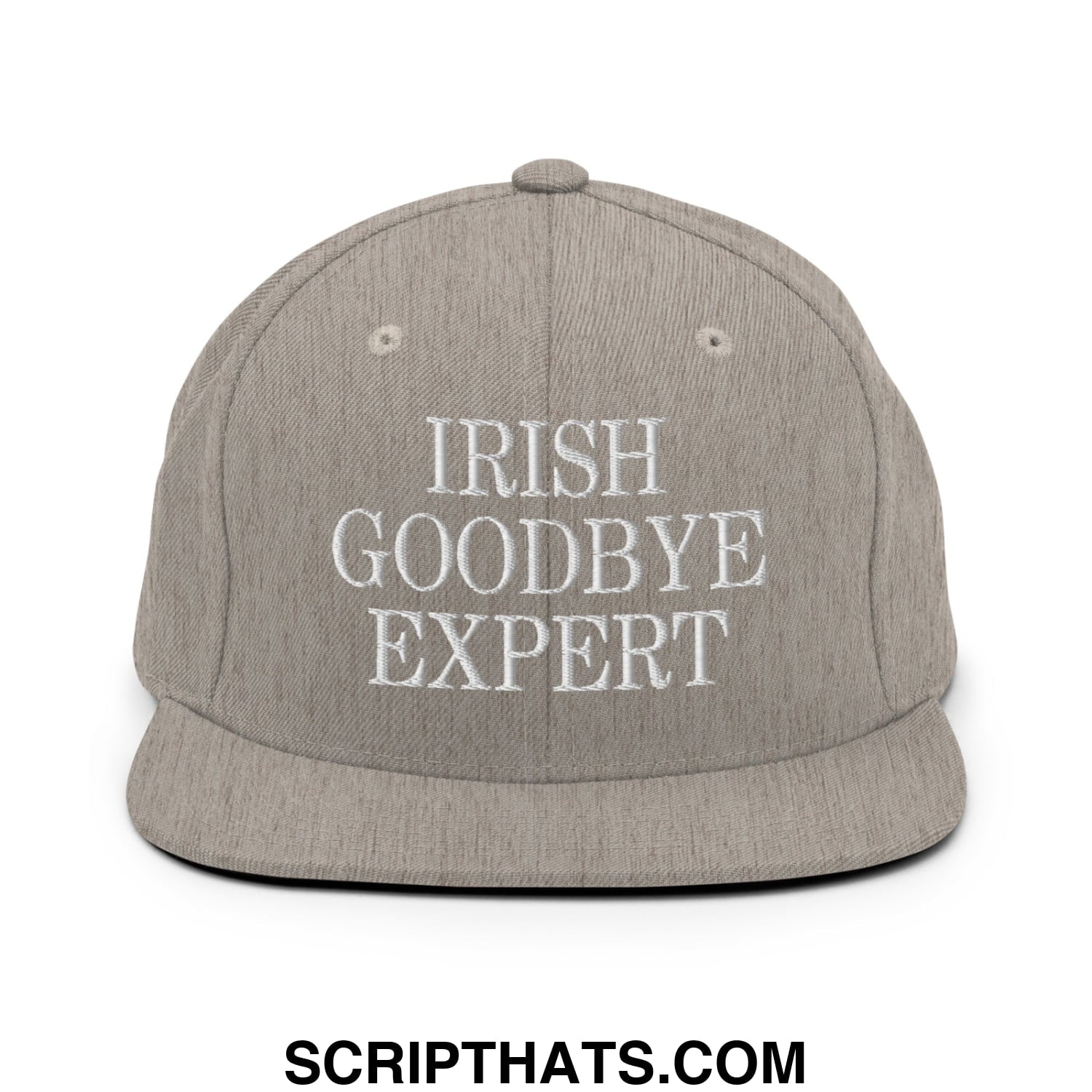 Gray snapback cap with white embroidered text irish goodbye expert featuring flat bill brim and adjustable closure