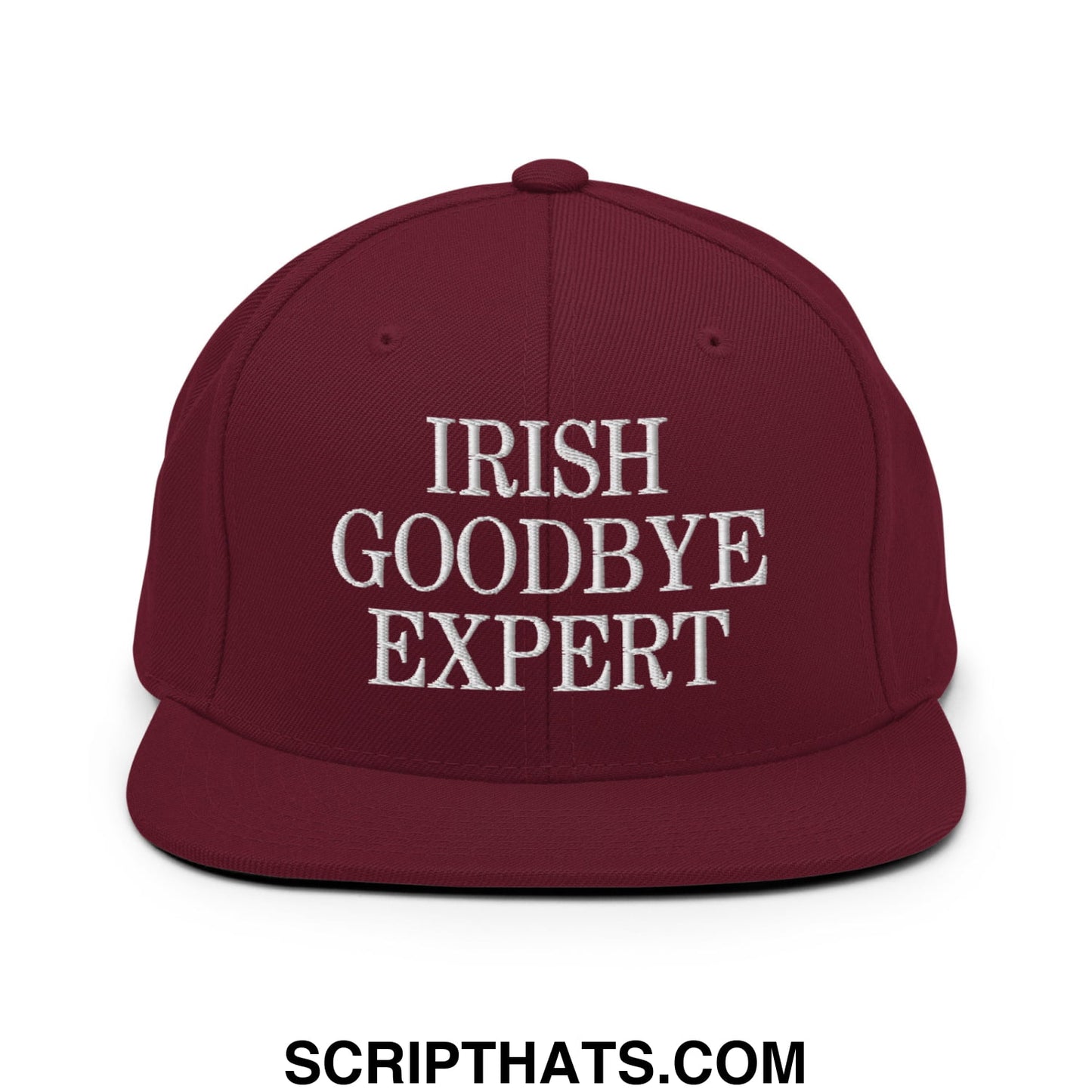 Maroon flat bill brim snapback hat with white embroidered irish goodbye expert text for casual wear