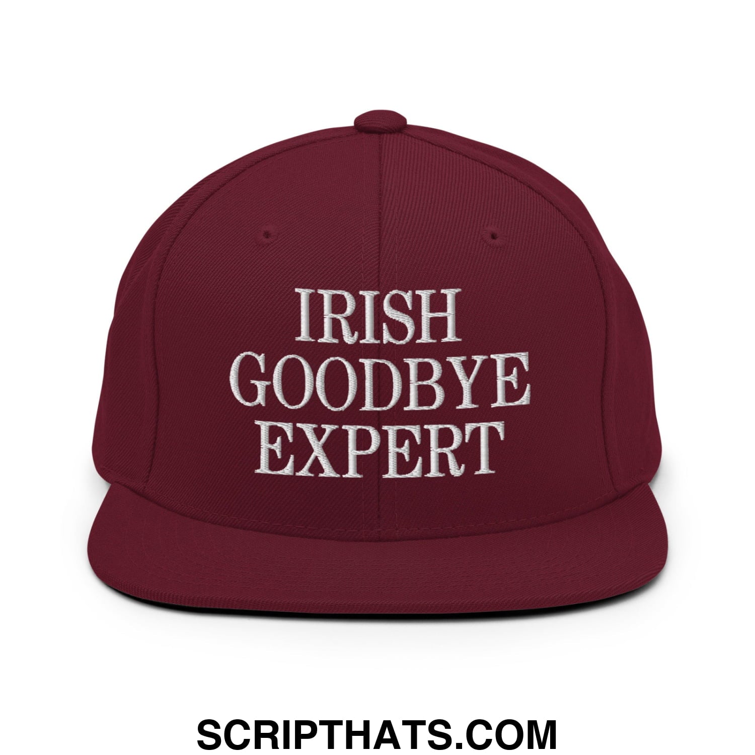 Maroon flat bill brim snapback hat with white embroidered irish goodbye expert text for casual wear
