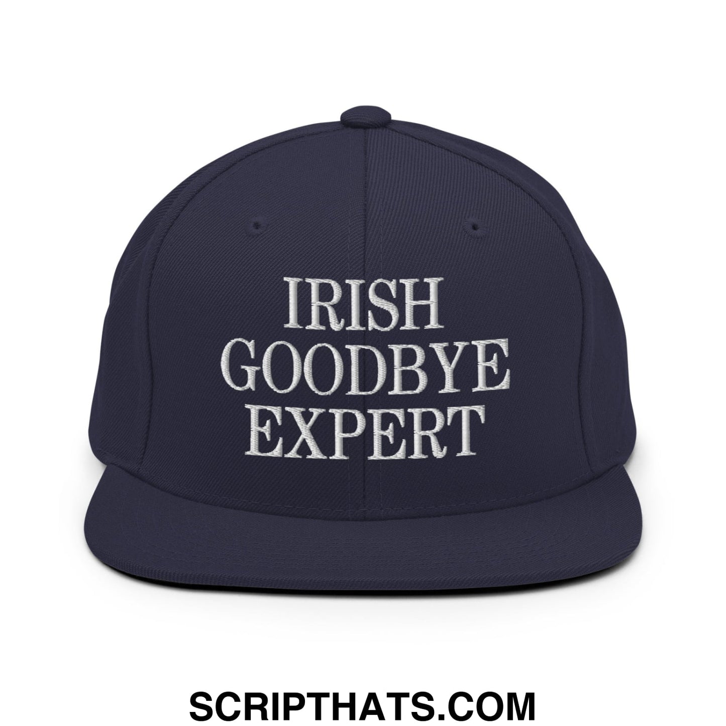 Navy blue snapback hat with white embroidered irish goodbye expert text flat bill brim style