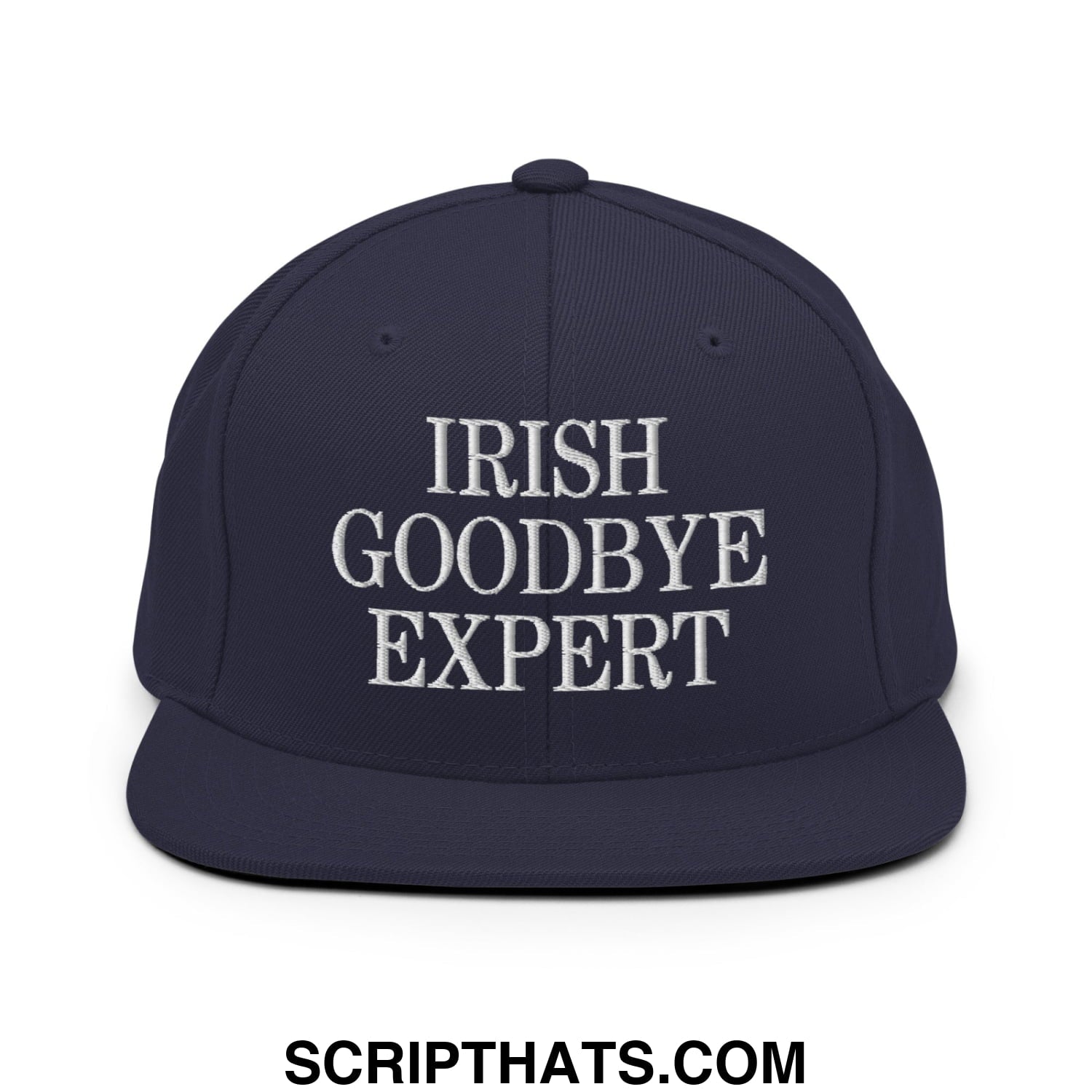 Navy blue snapback hat with white embroidered irish goodbye expert text flat bill brim style