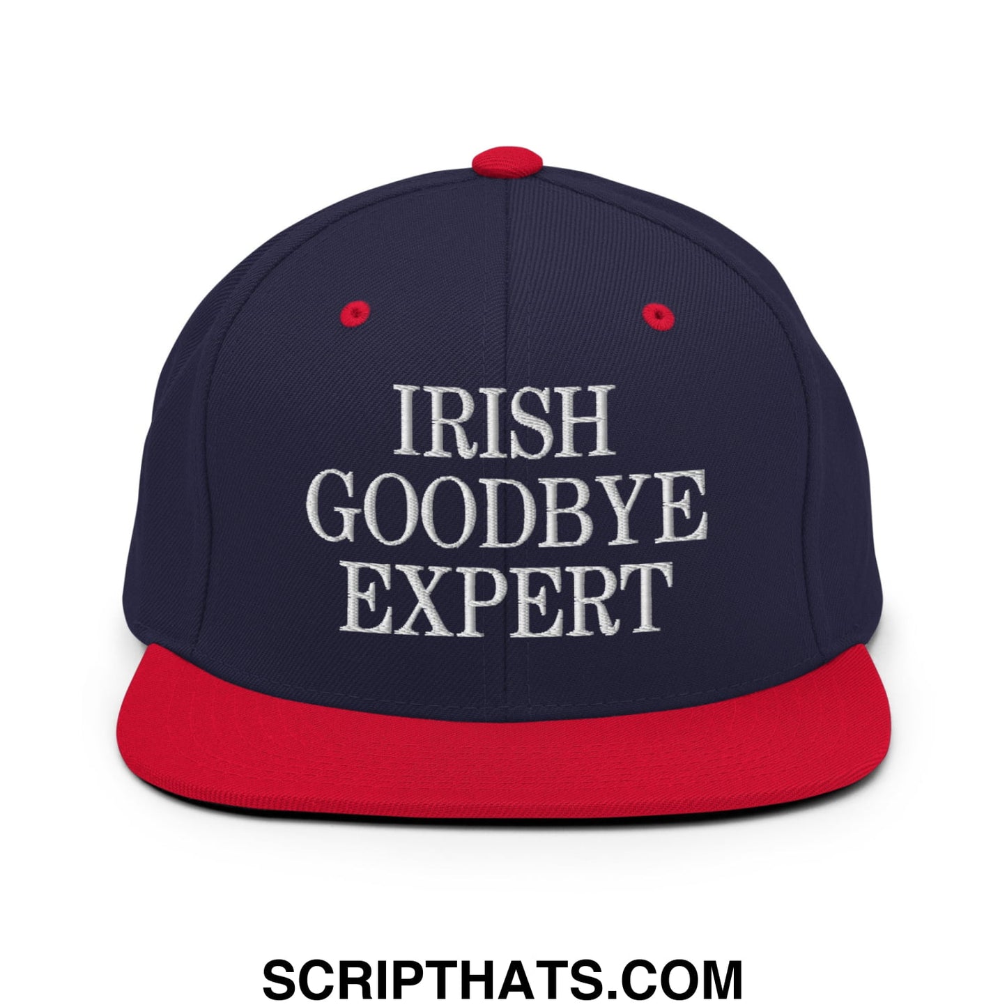 Navy blue and red snapback hat with white embroidered irish goodbye expert text and flat bill brim design