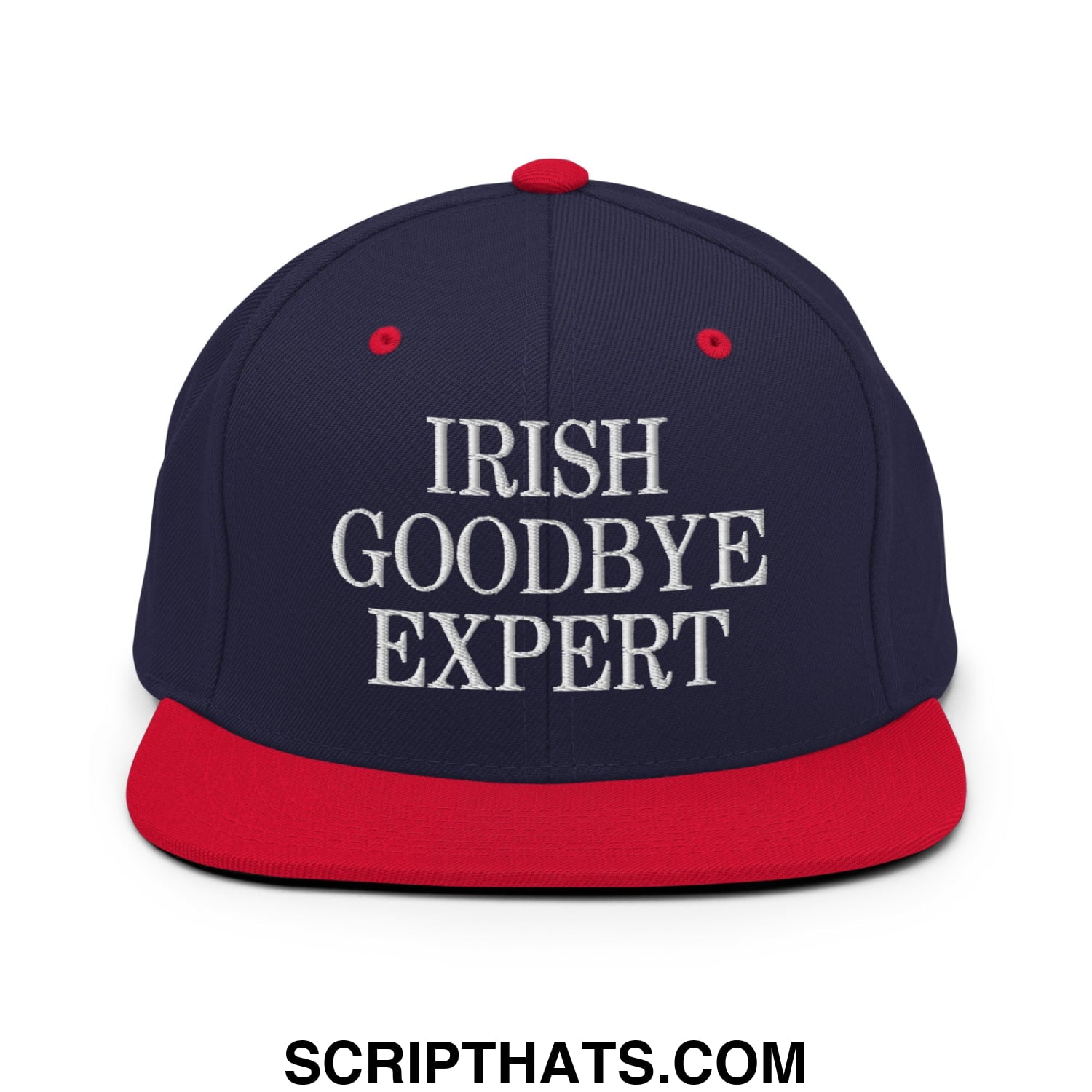 Navy blue and red snapback hat with white embroidered irish goodbye expert text and flat bill brim design