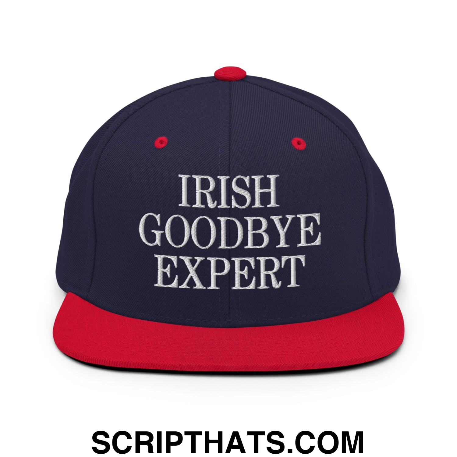 Irish Goodbye Expert Embroidered Flat Bill Brim Snapback Hat Navy Red