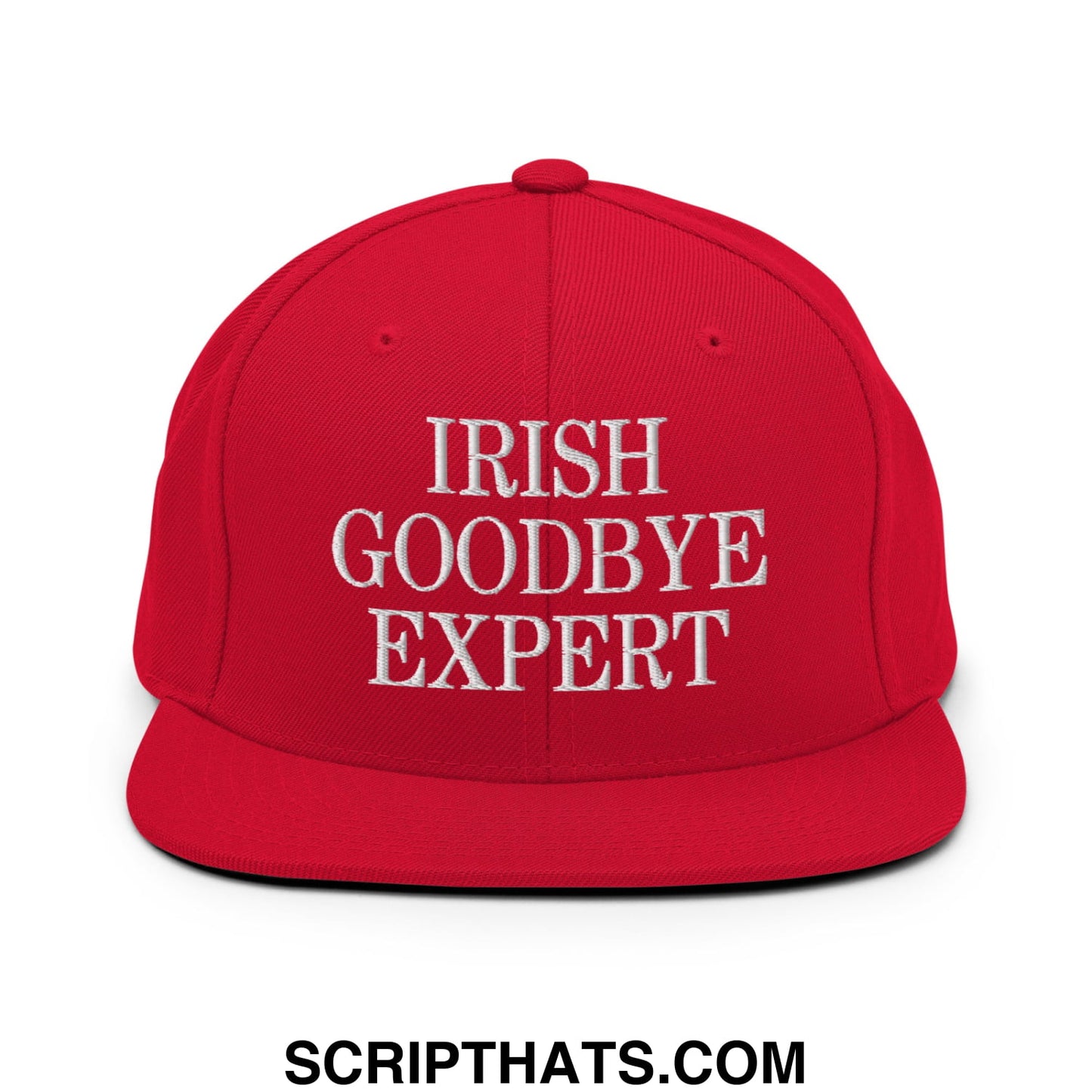 Red snapback cap with white embroidered irish goodbye expert text and flat bill brim for casual wear
