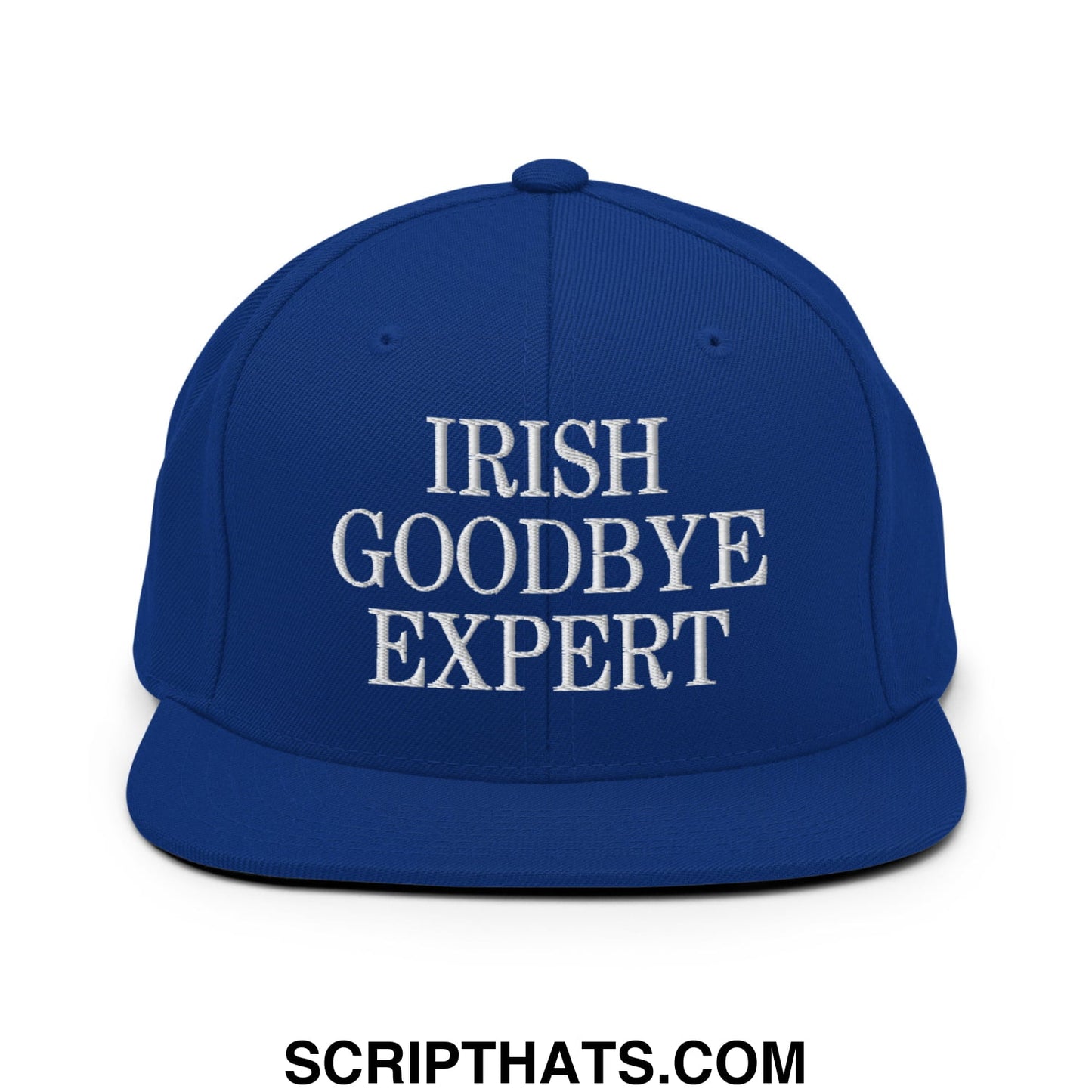 Royal blue snapback hat with white embroidered irish goodbye expert text and flat bill brim design