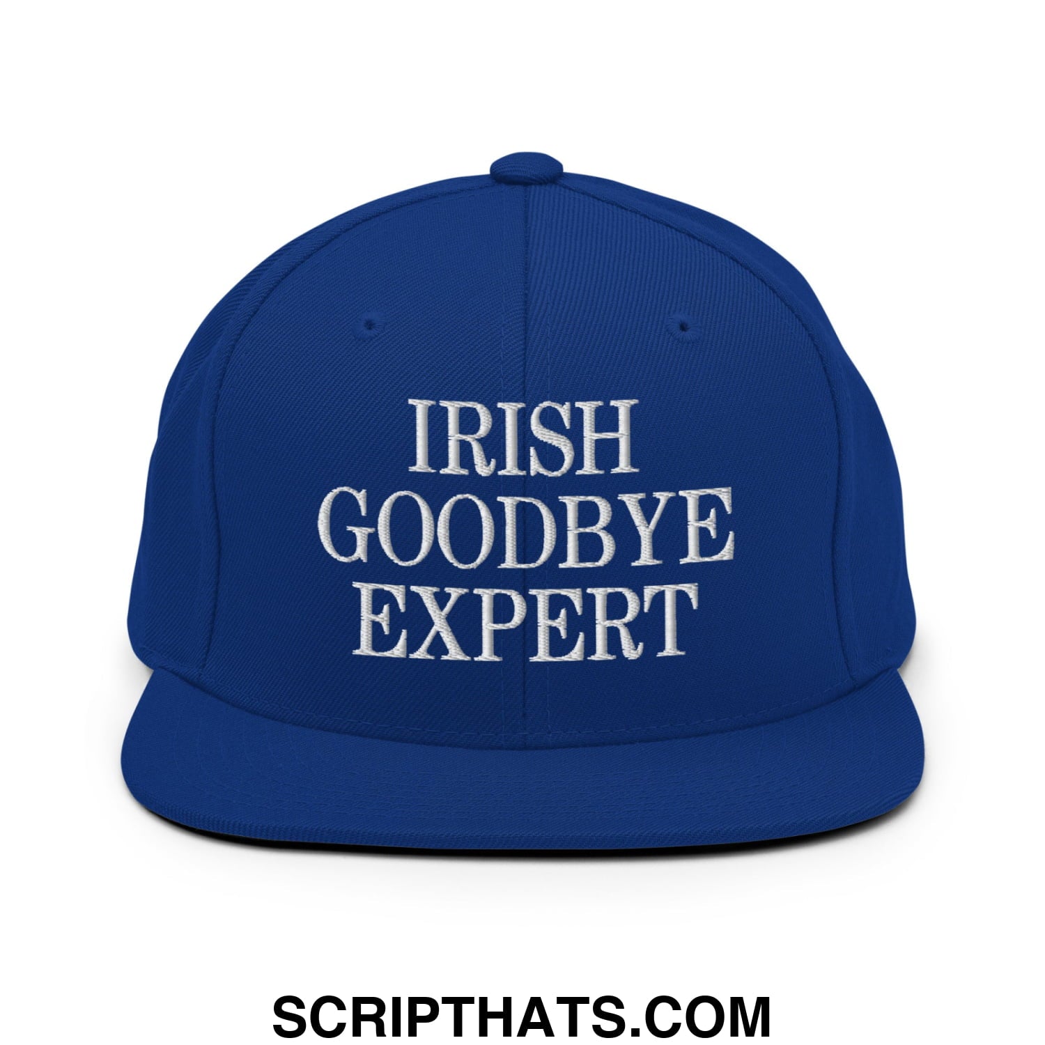 Royal blue snapback hat with white embroidered irish goodbye expert text and flat bill brim design