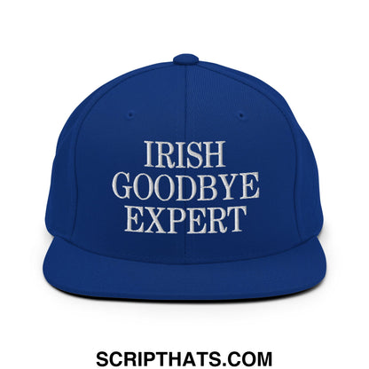 Royal blue snapback hat with white embroidered irish goodbye expert text and flat bill brim design