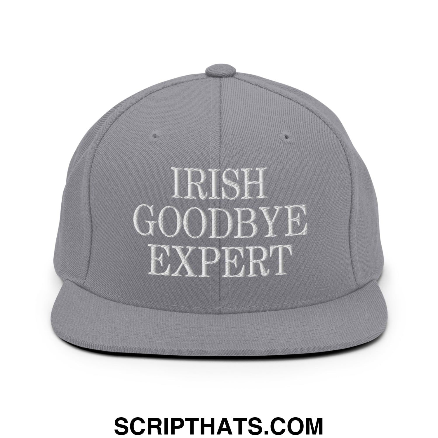 Gray snapback cap with white embroidered irish goodbye expert text and flat bill brim for casual wear