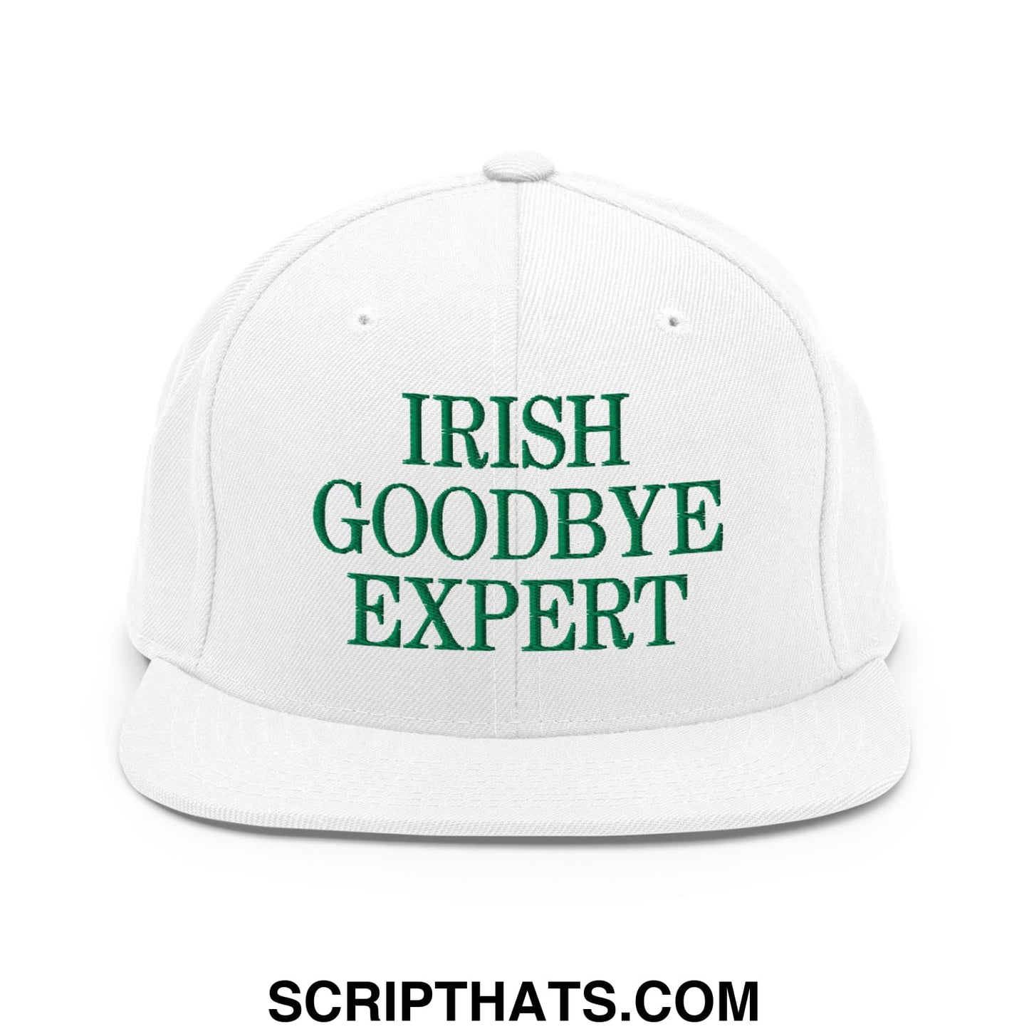 White snapback cap with green embroidered irish goodbye expert text featuring a flat bill brim design