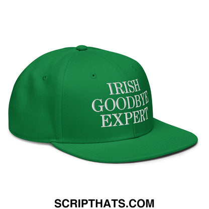 Green snapback cap with white embroidered irish goodbye expert text and flat brim bill for casual wear
