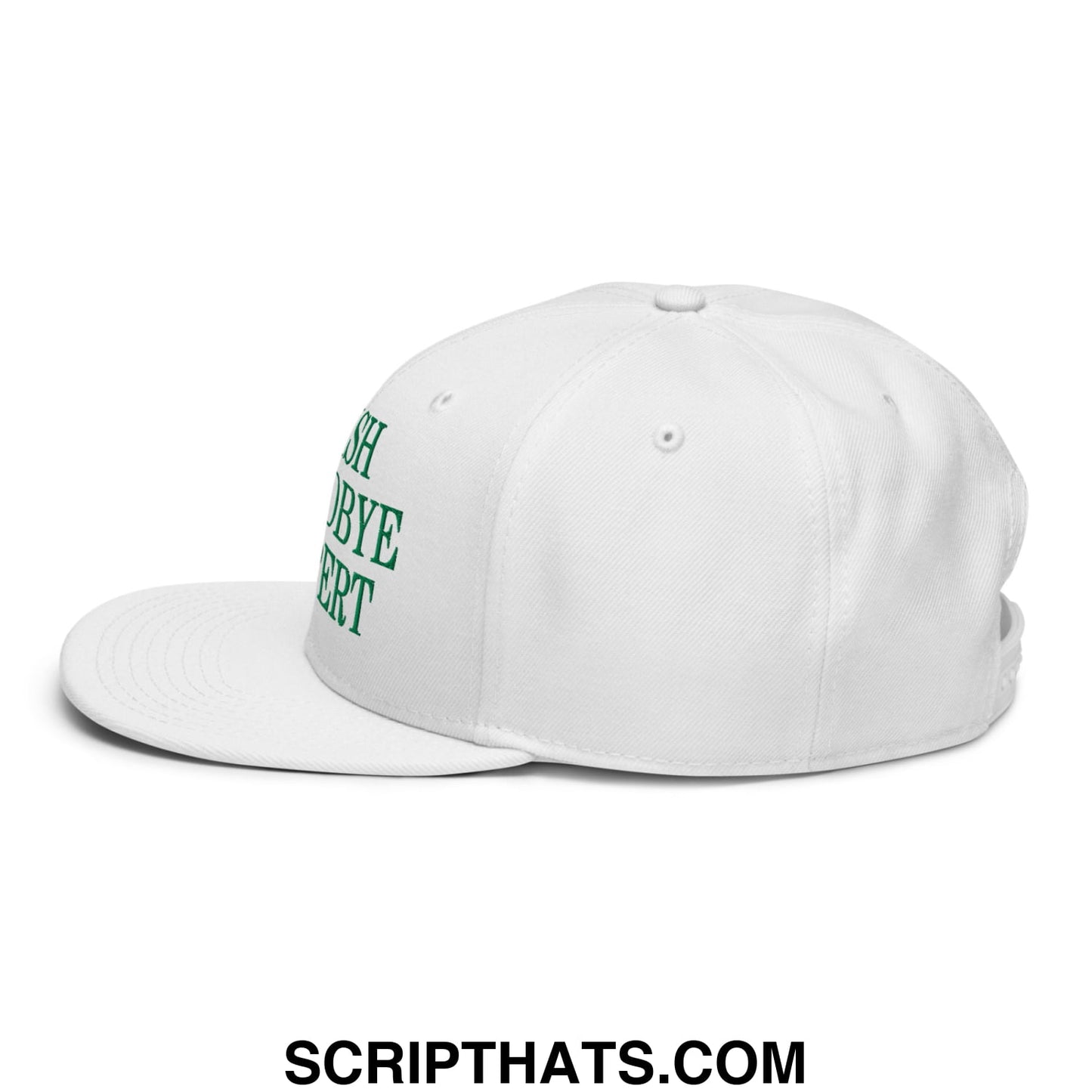 White snapback cap with green embroidered shobye ert text on the side in irish goodbye expert flat brim hat design