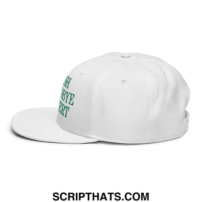 White snapback cap with green embroidered shobye ert text on the side in irish goodbye expert flat brim hat design