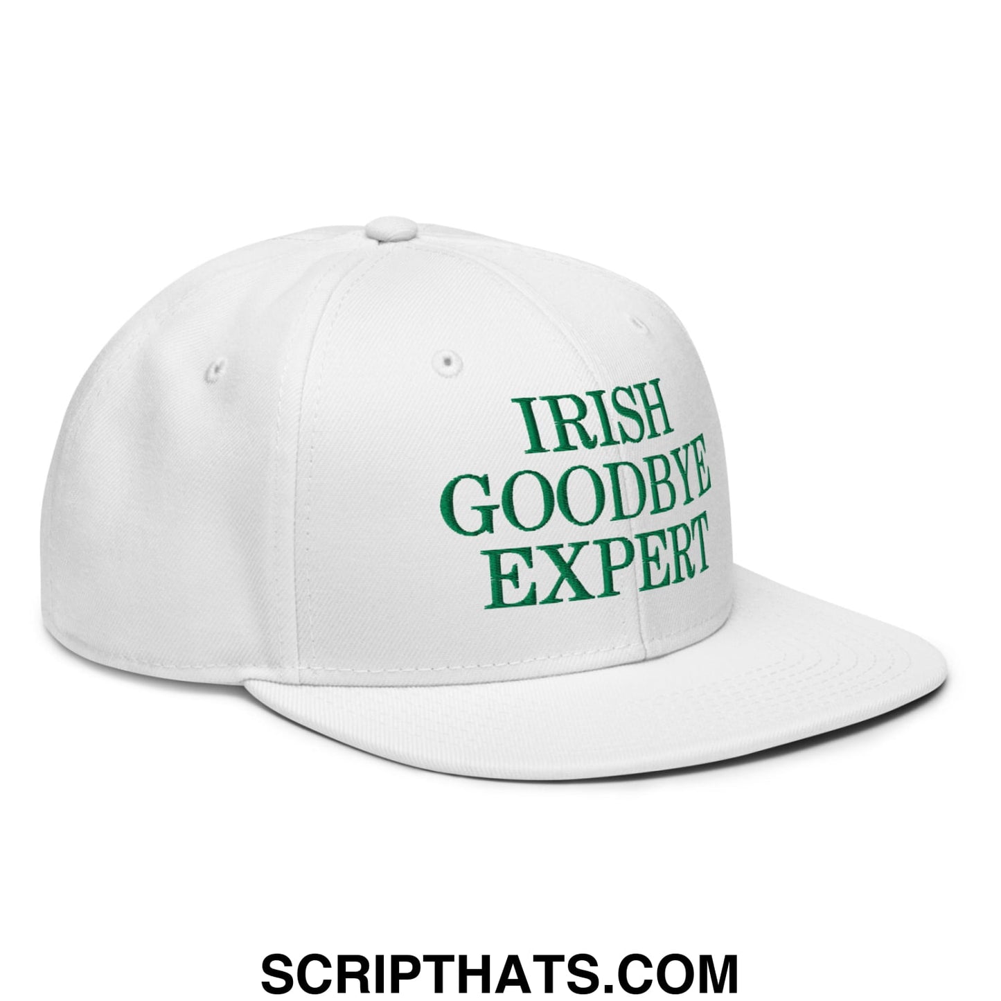 White snapback hat with green embroidered irish goodbye expert text on the front flat brim bill