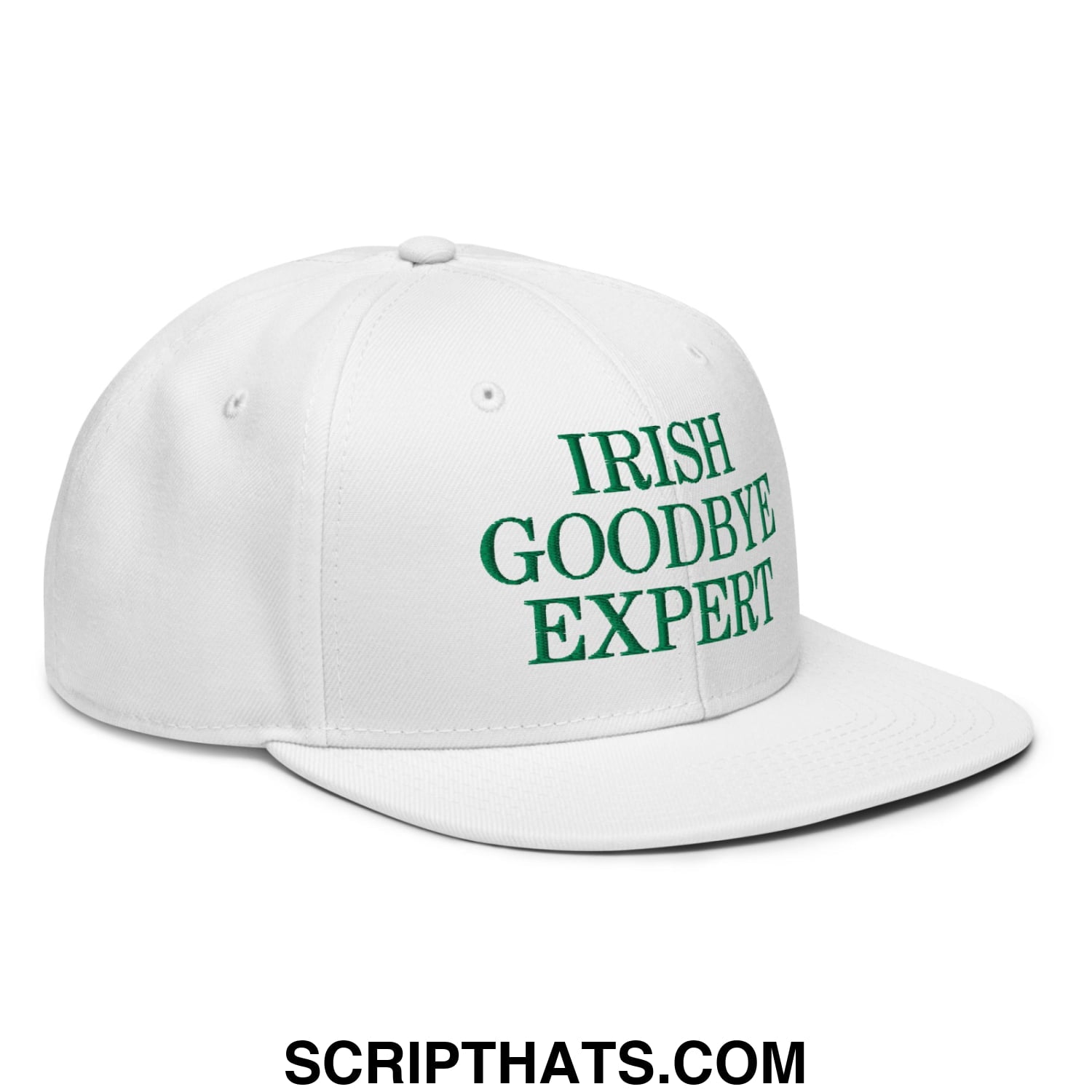 White snapback hat with green embroidered irish goodbye expert text on the front flat brim bill