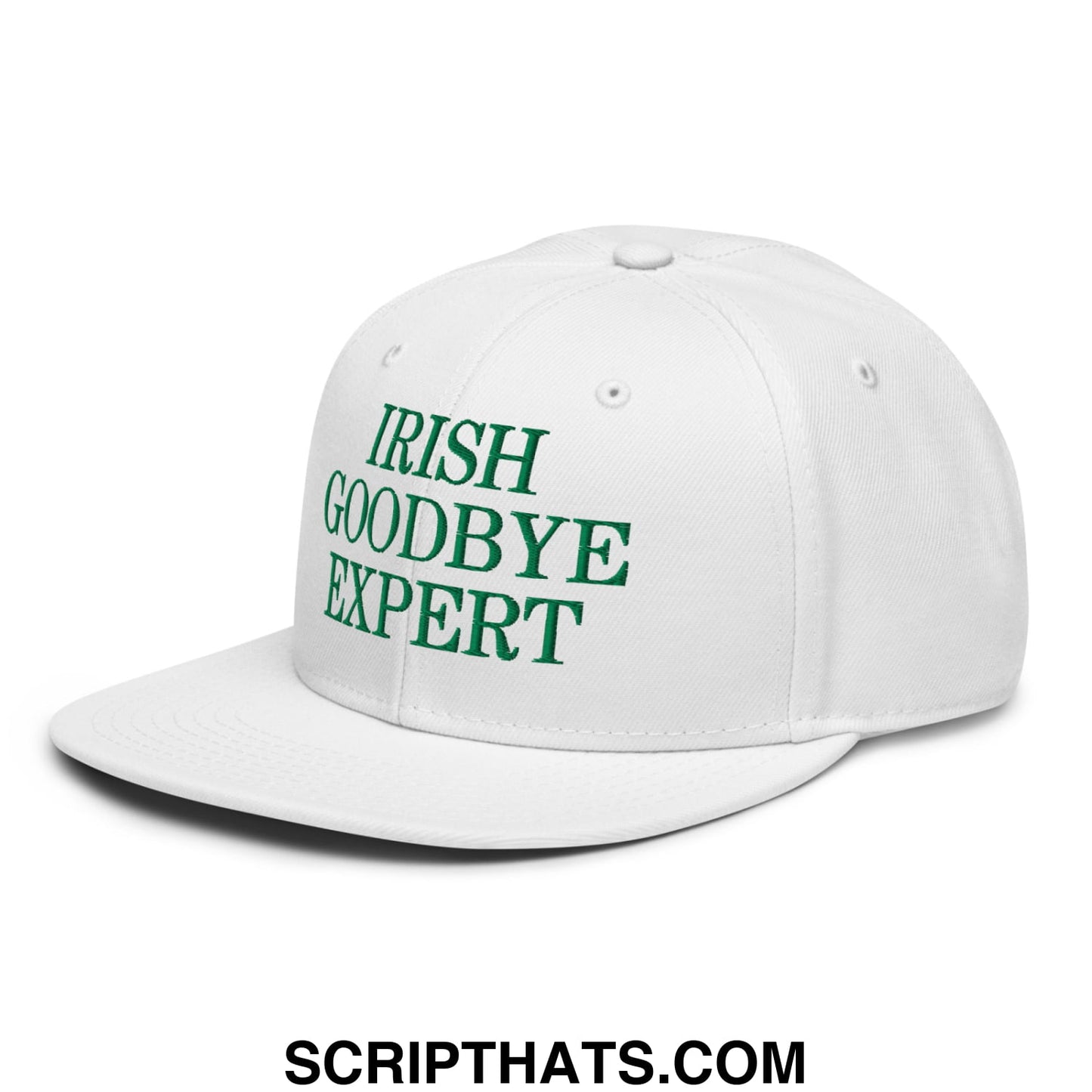 White snapback cap with green embroidered text irish goodbye expert featuring a flat brim bill design