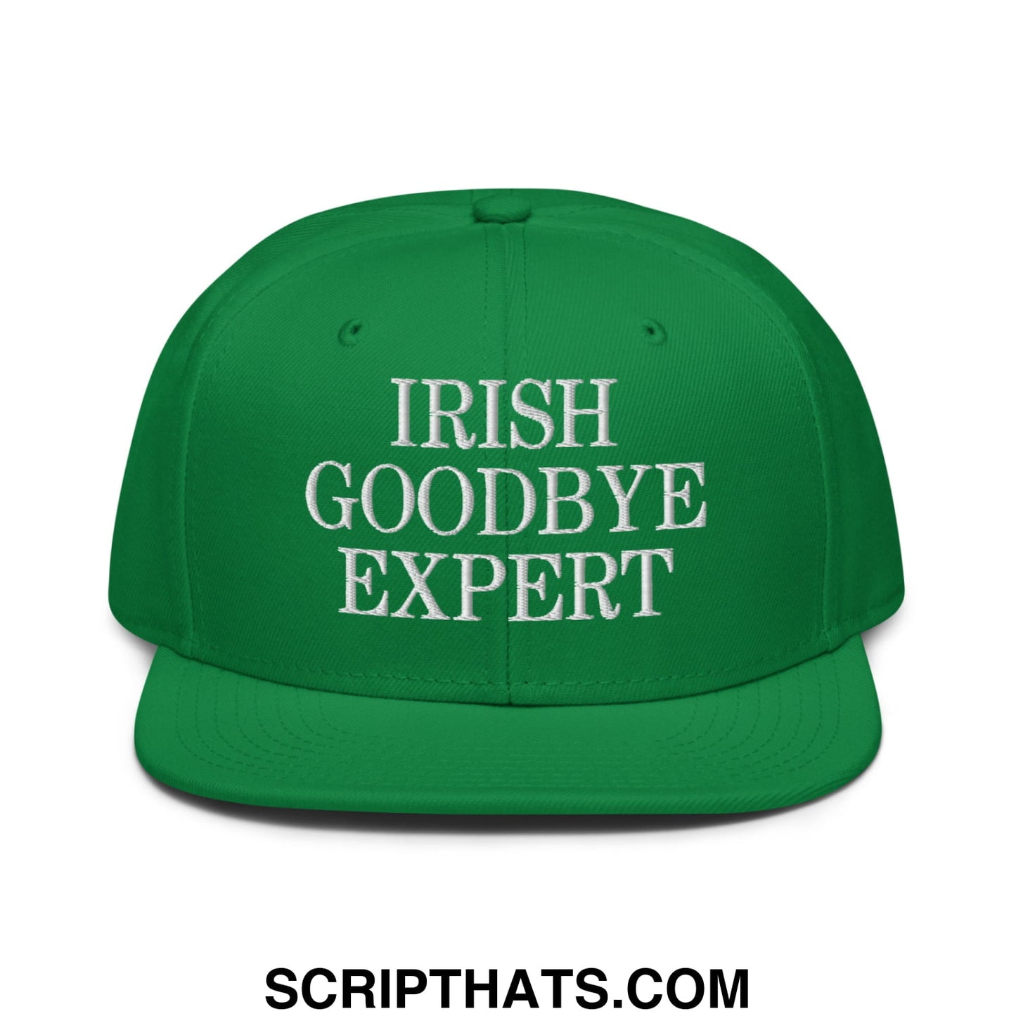 Green snapback hat with white embroidered irish goodbye expert text on flat brim bill for casual wear