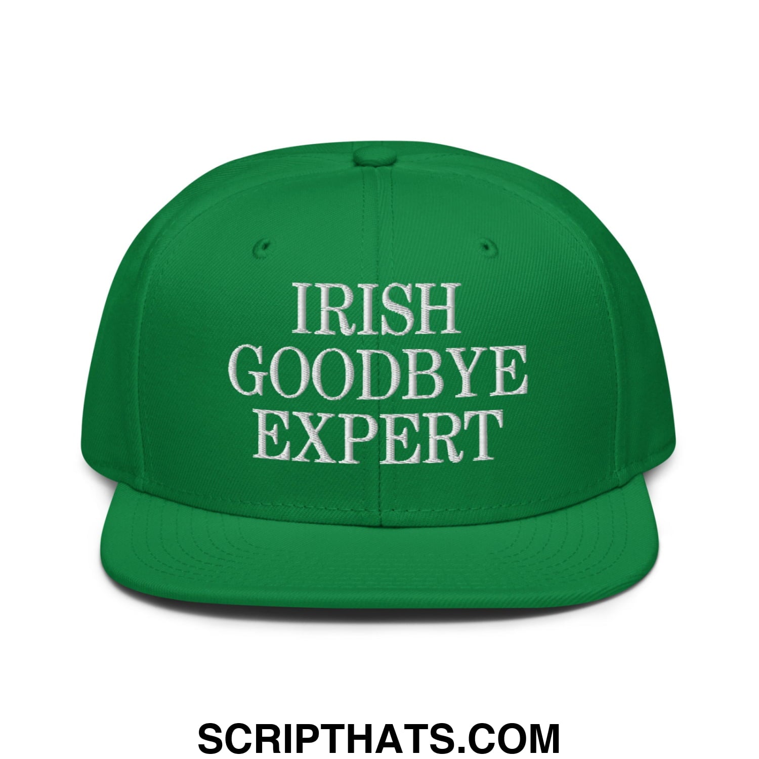 Green snapback hat with white embroidered irish goodbye expert text on flat brim bill for casual wear