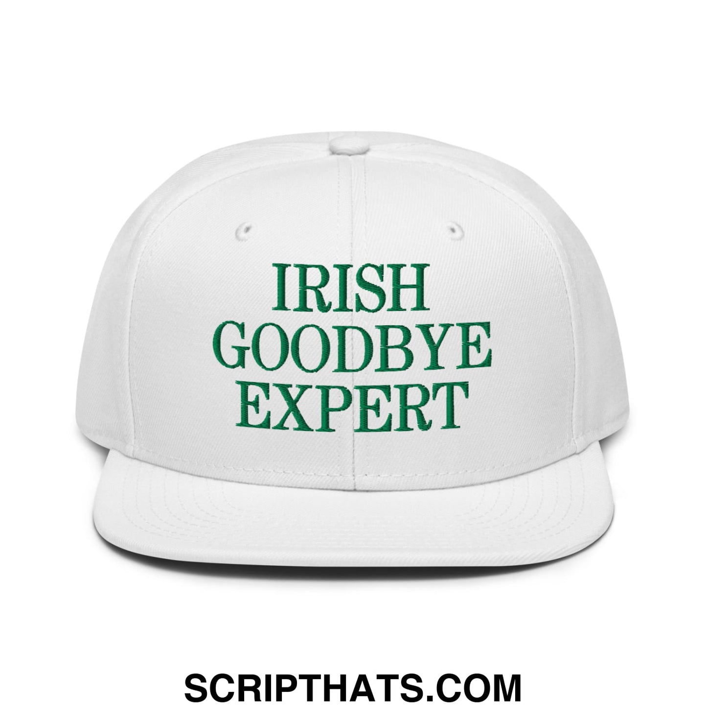 White snapback cap with green embroidered text irish goodbye expert and flat brim bill design