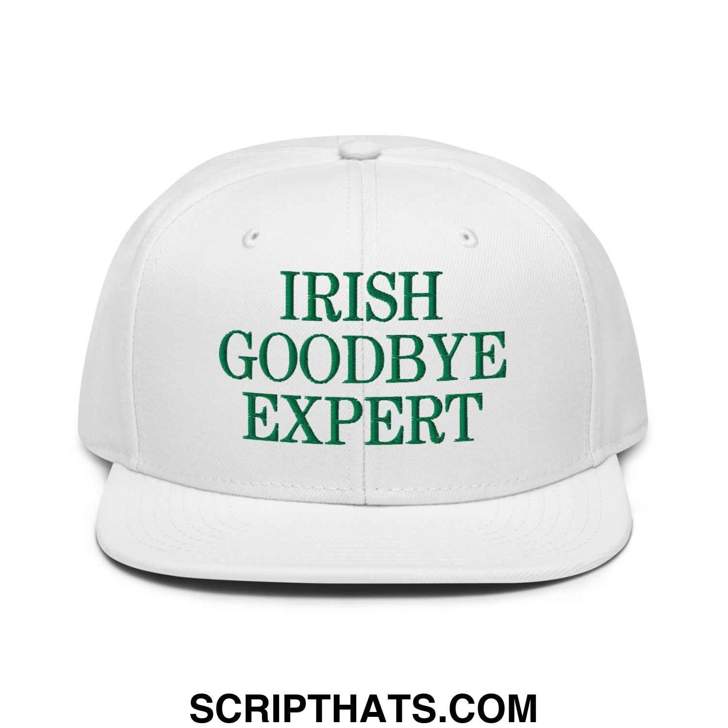 White snapback cap with green embroidered text irish goodbye expert and flat brim bill design