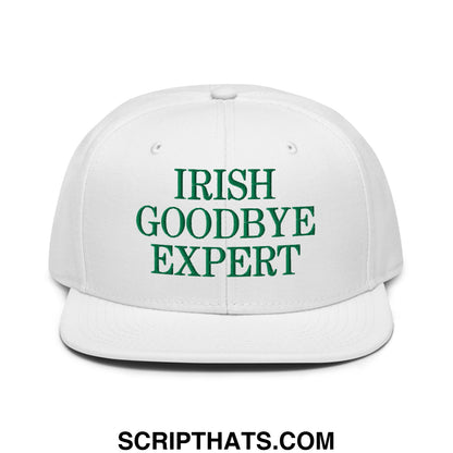 White snapback cap with green embroidered text irish goodbye expert and flat brim bill design