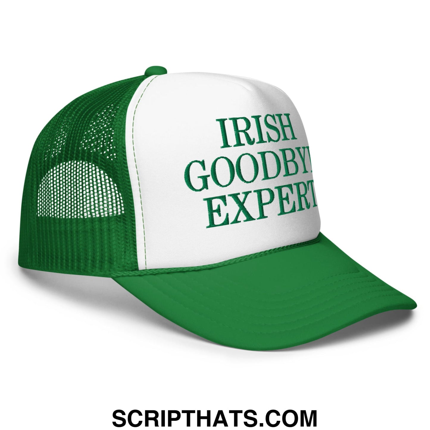 Green and white embroidered foam mesh trucker hat with irish goodbye expert printed on the front panel