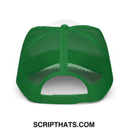 Green mesh trucker hat with white front panel and adjustable strap embroidered with irish goodbye expert logo