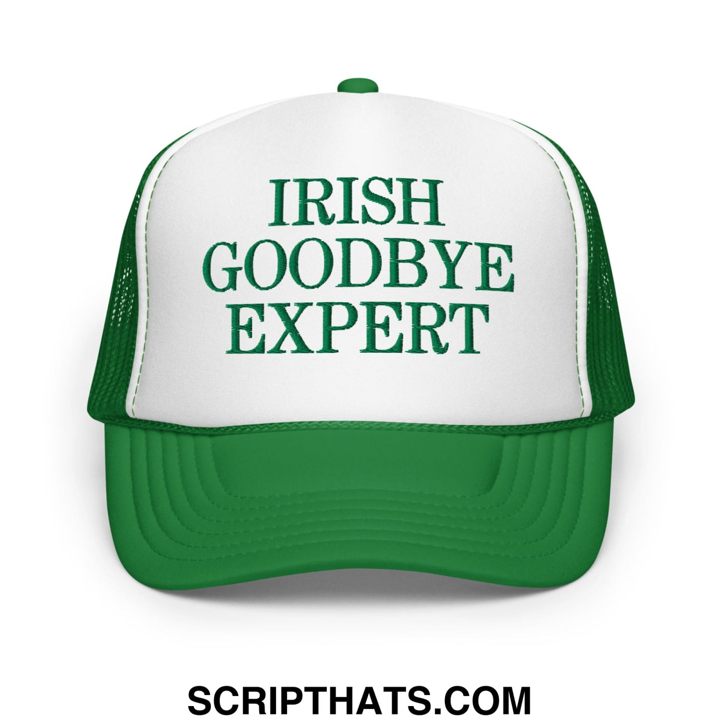 Green and white foam mesh trucker hat embroidered with irish goodbye expert text in dark green