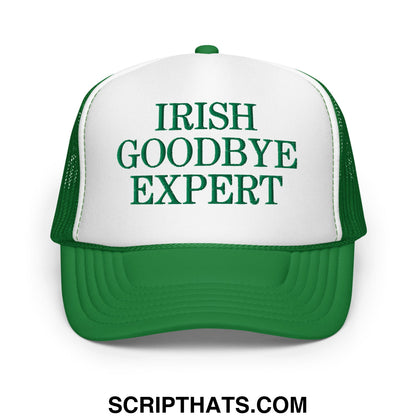 Green and white foam mesh trucker hat embroidered with irish goodbye expert text in dark green
