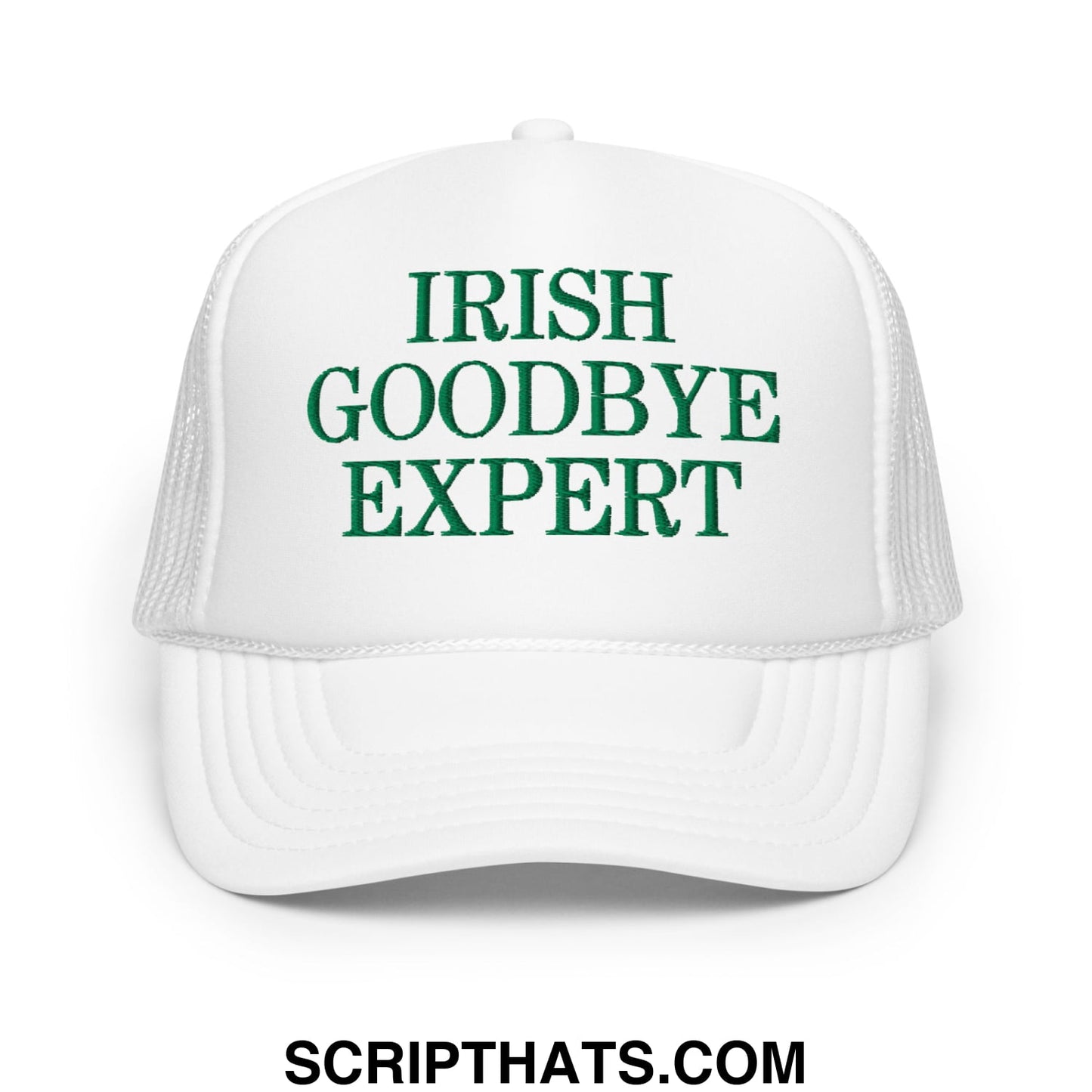White foam mesh trucker hat with green embroidered text reading irish goodbye expert for casual wear