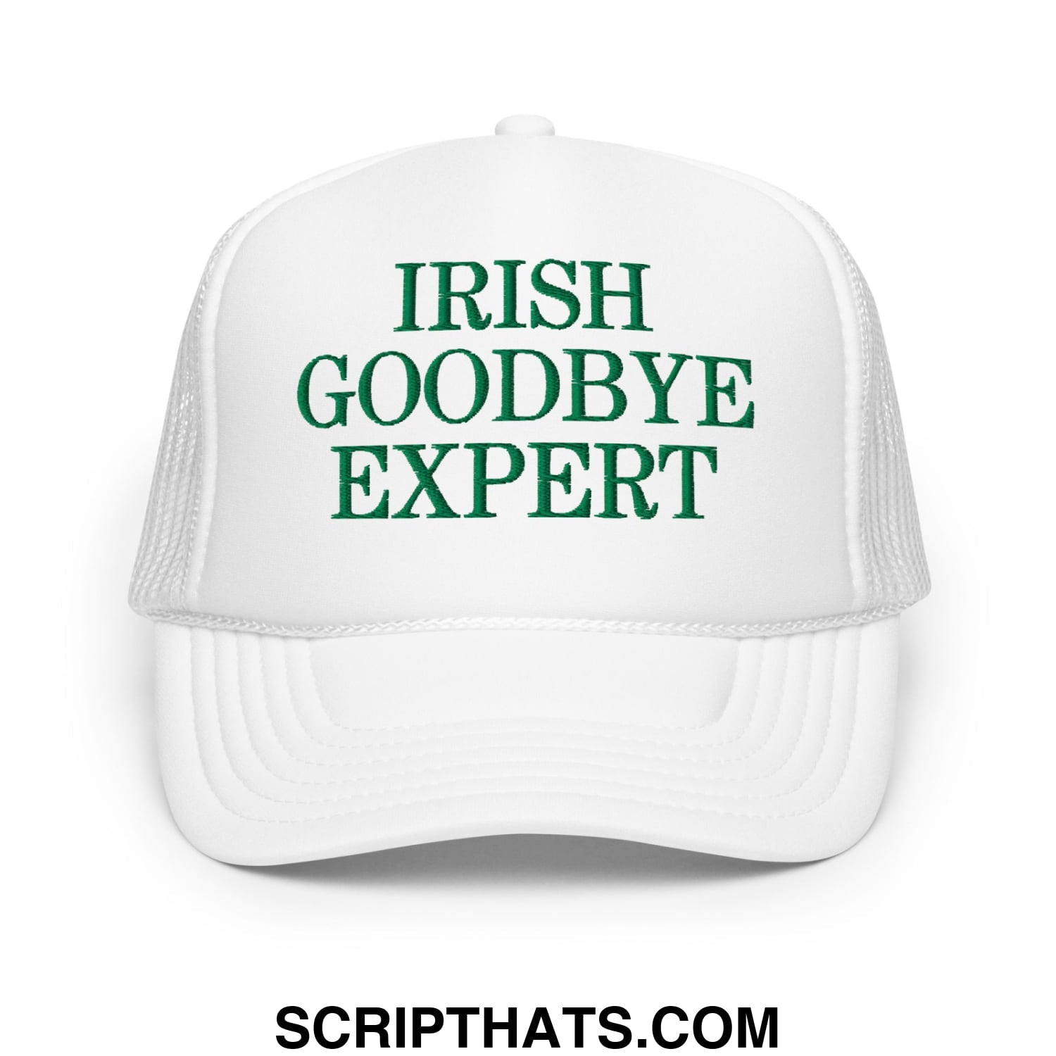 White foam mesh trucker hat with green embroidered text reading irish goodbye expert for casual wear