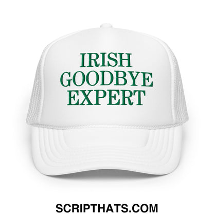 White foam mesh trucker hat with green embroidered text reading irish goodbye expert for casual wear