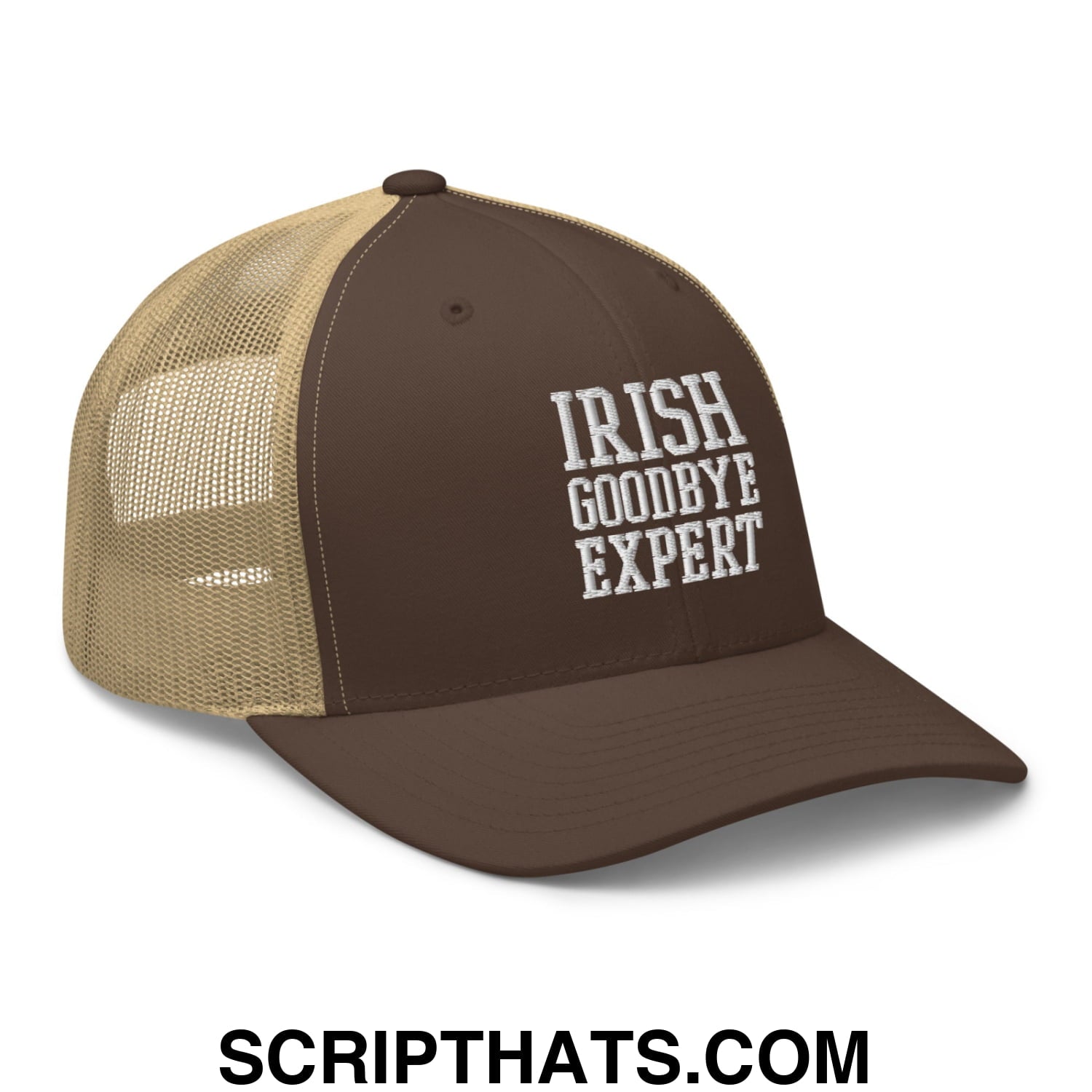 Irish Goodbye Expert Embroidered Mesh Trucker Hat Brown Khaki