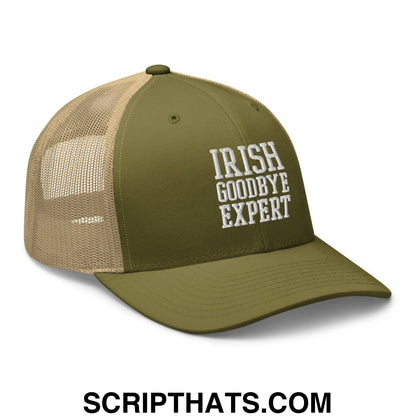 Irish Goodbye Expert Embroidered Mesh Trucker Hat Moss Khaki