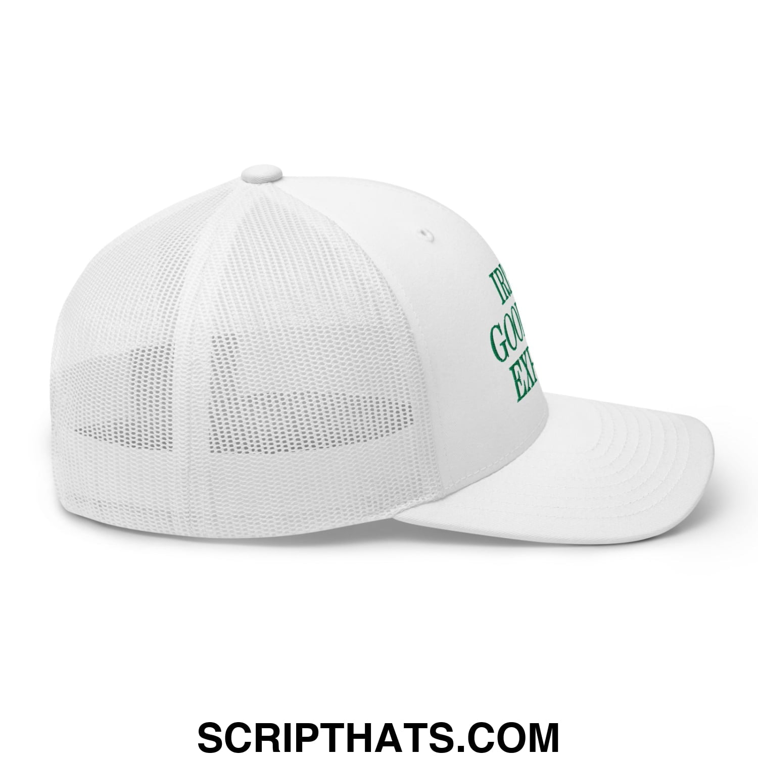 White trucker-style cap with mesh back and green embroidered irish goodbye expert text on the side
