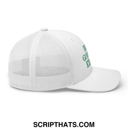 White trucker-style cap with mesh back and green embroidered irish goodbye expert text on the side