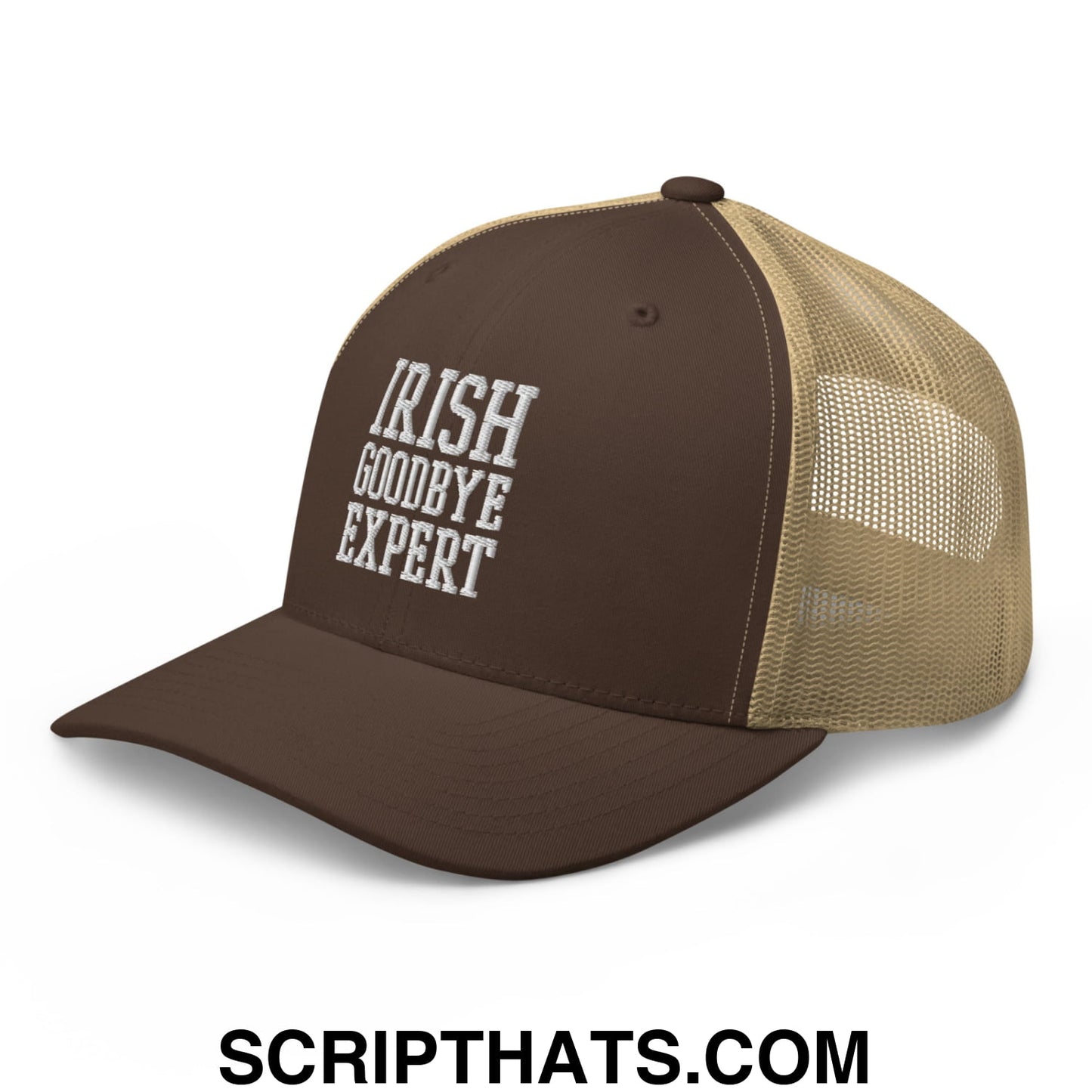 Irish Goodbye Expert Embroidered Mesh Trucker Hat Brown Khaki