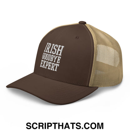 Irish Goodbye Expert Embroidered Mesh Trucker Hat Brown Khaki