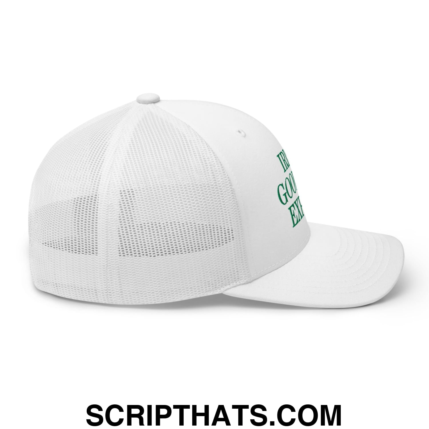 Irish Goodbye Expert Embroidered Mesh Trucker Hat White