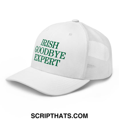 White mesh trucker hat with green embroidered irish goodbye expert text on front panel