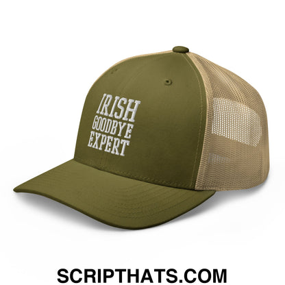 Irish Goodbye Expert Embroidered Mesh Trucker Hat Moss Khaki