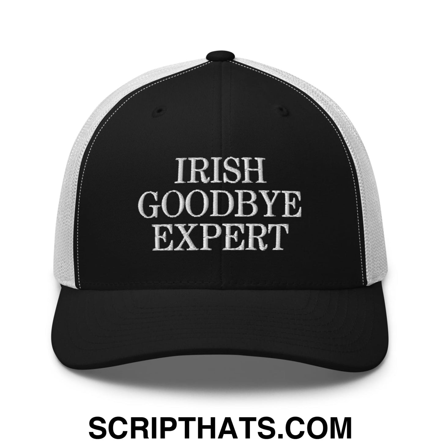 Irish Goodbye Expert Embroidered Mesh Trucker Hat Black White