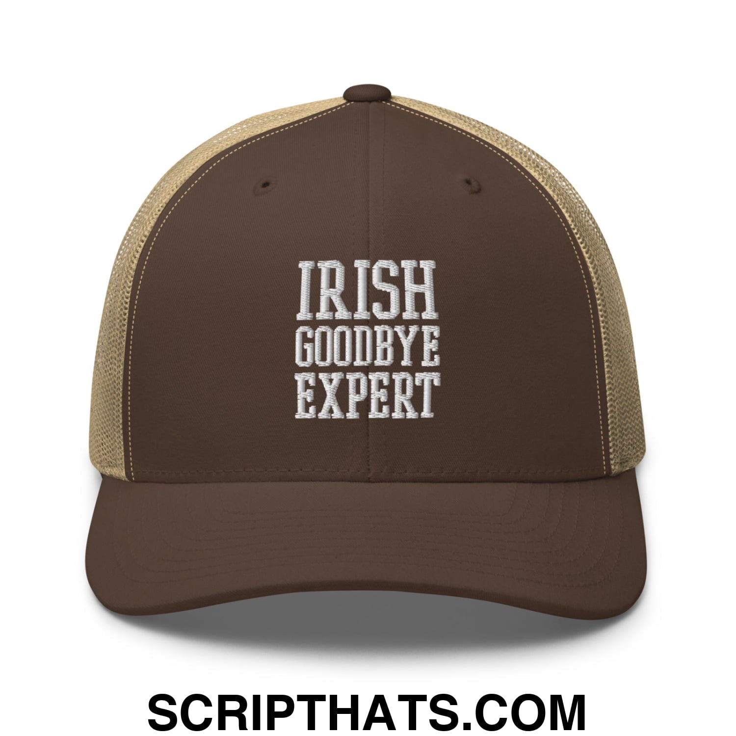 Irish Goodbye Expert Embroidered Mesh Trucker Hat Brown Khaki