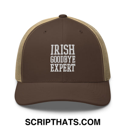 Irish Goodbye Expert Embroidered Mesh Trucker Hat Brown Khaki
