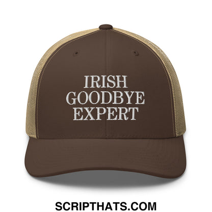 Brown and tan mesh trucker hat with white embroidered text reading irish goodbye expert in a casual style