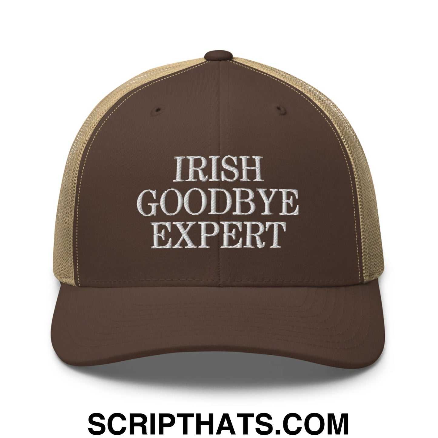 Irish Goodbye Expert Embroidered Mesh Trucker Hat Brown Khaki